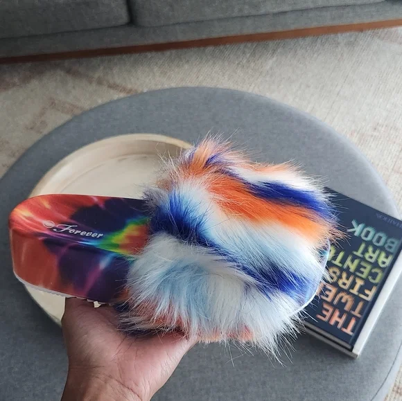 Faux Fur Tie Dye Platform Slides Blue Multi - Picture 10 of 12